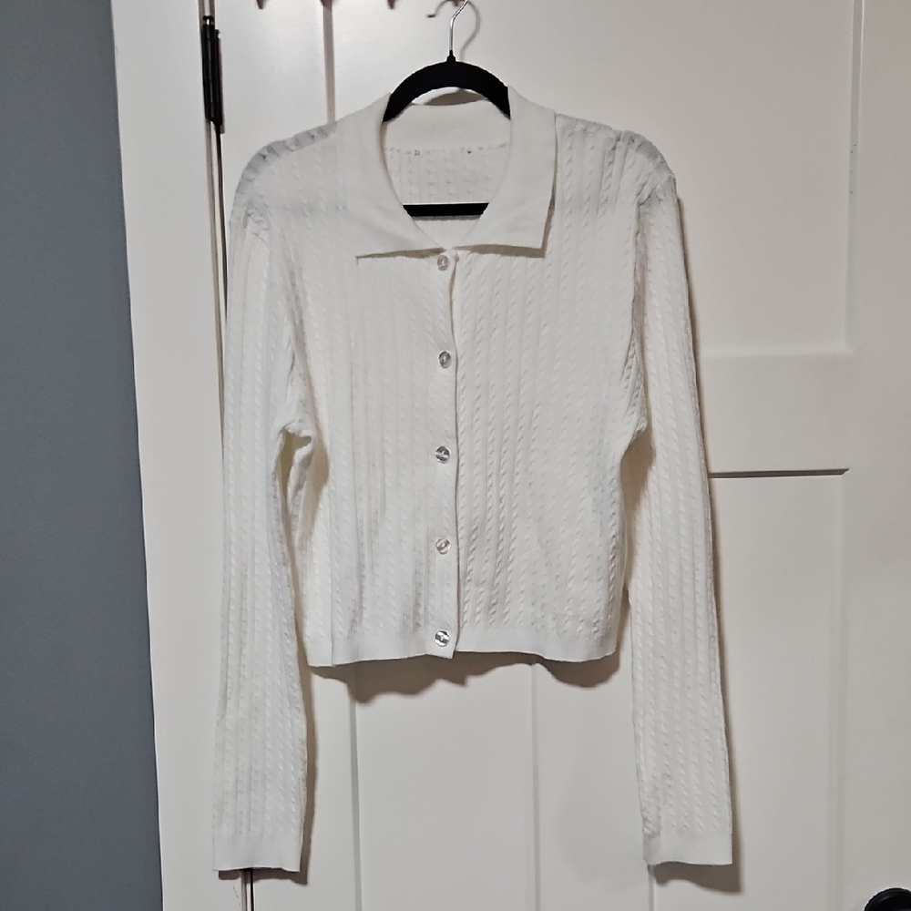 White Cable Knit Button Front Cardigan, womens medium